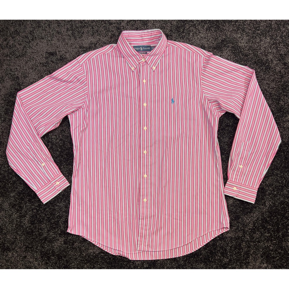 Ralph Lauren Custom Fit Pink White Striped Button‎ Down Long Sleeve Shirt